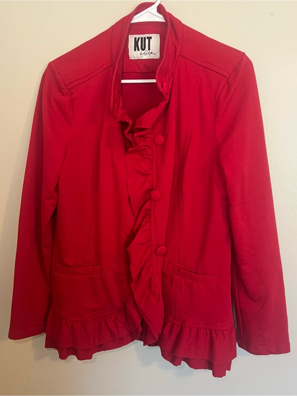 KUT from the Kloth Red Ruffle-Trim Blazer Jacket